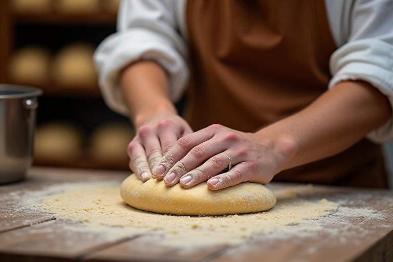 Artisan baker kneading dough on a rustic wooden table