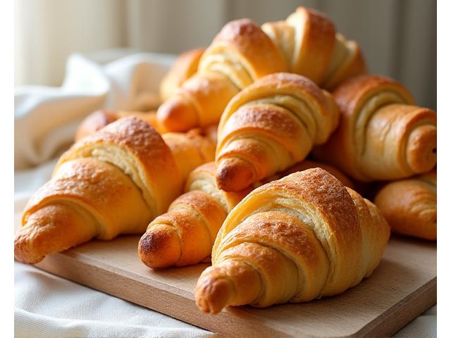 Flaky, golden croissants stacked on a board