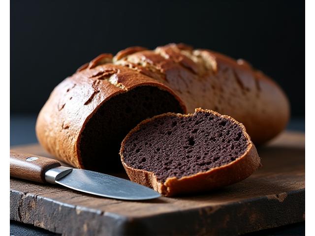 Dense, dark rye bread sliced on a wooden board
