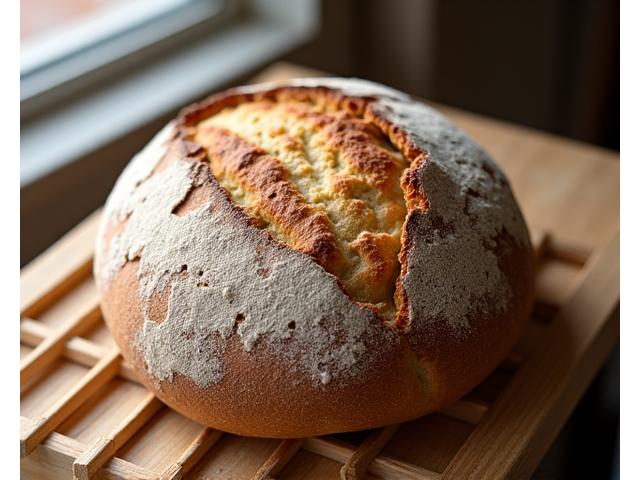 Crusty golden sourdough loaf on a cooling rack