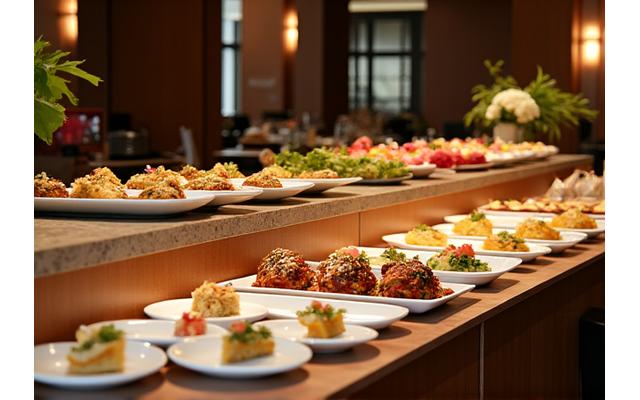 Elegant buffet setup with multiple serving stations and stylish decor