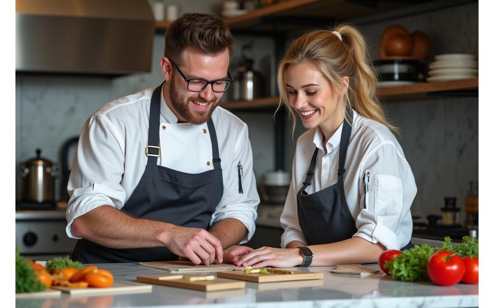 Chef consulting with a client over menu drafts and fresh ingredients
