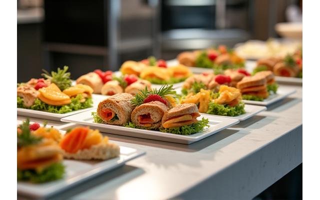 Professional corporate lunch spread with fresh salads and sandwiches