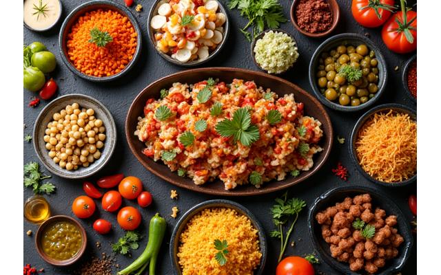 Vibrant spread of international or culturally specific dishes