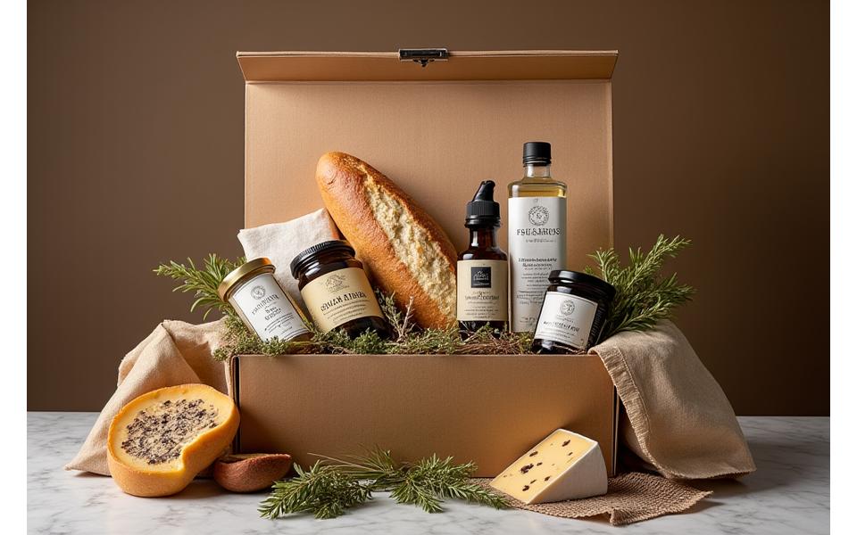 Luxury gourmet food hamper filled with artisanal products