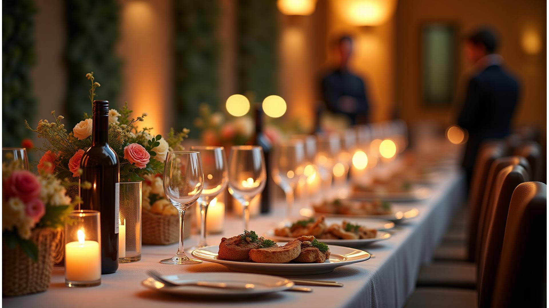 Elegant catered event table with gourmet dishes and floral arrangements