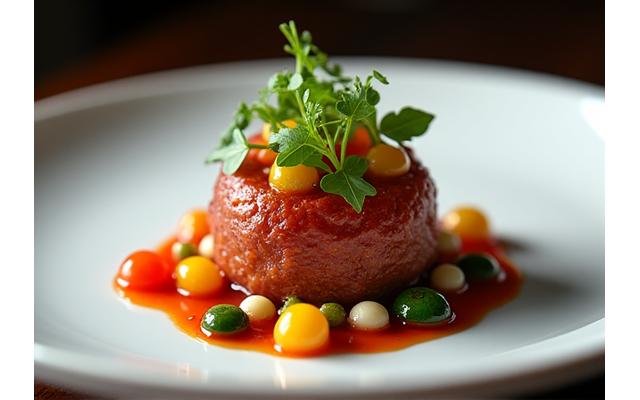Close-up of a beautifully plated gourmet dish with intricate garnishes