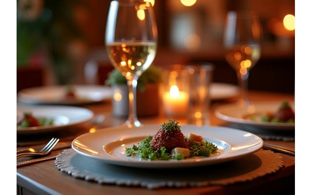Intimate dinner table setting with fine dining plates and wine glasses