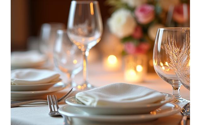 Luxurious event table setting with fine linens, crystal glassware, and floral centerpieces