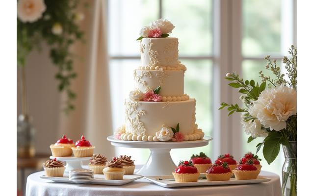 Beautifully decorated wedding cake and dessert table