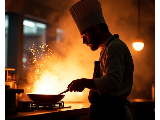 Silhouette of a chef in action, blurred background