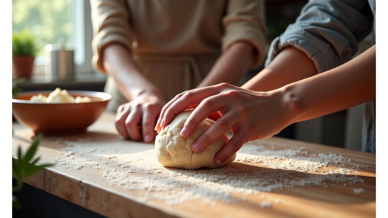 Close-up of hands kneading dough in a professional kitchen