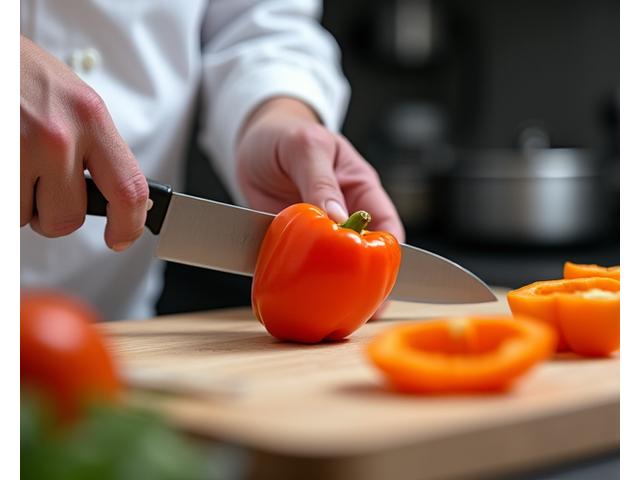 Chef demonstrating precise knife skills with vegetables