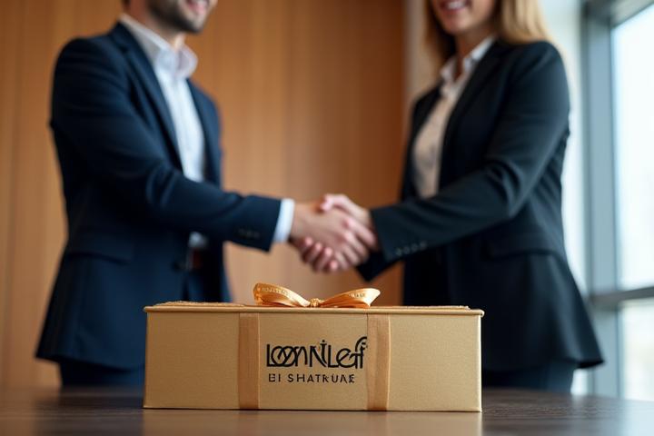 Sophisticated corporate gifting presentation with branded hampers, executives reviewing options in a modern office.