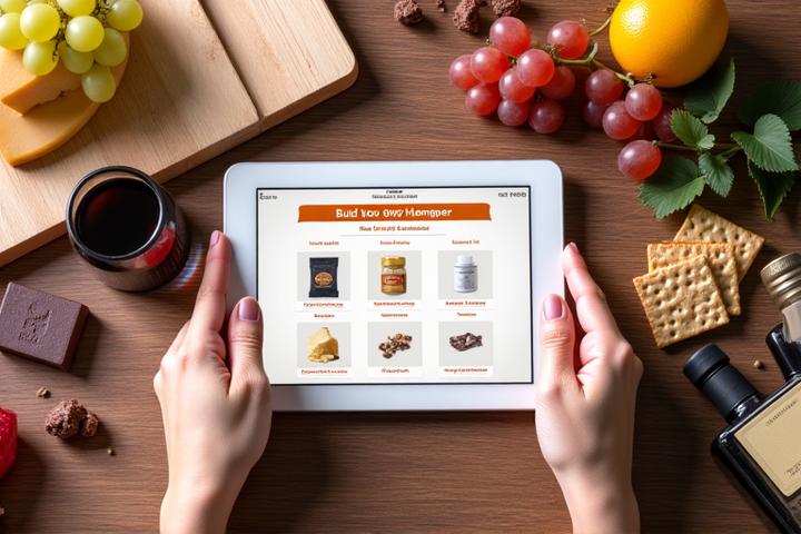 Person using a tablet to drag and drop gourmet ingredients into a virtual hamper on a vibrant interface, surrounded by real artisanal products.