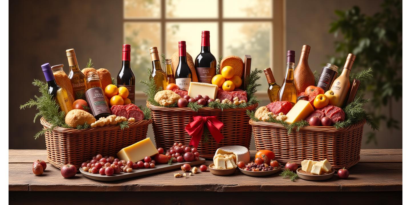 Luxurious gourmet food hampers overflowing with artisanal cheeses, charcuterie, wines, and baked goods, beautifully arranged on a rustic wooden table with soft, inviting light.
