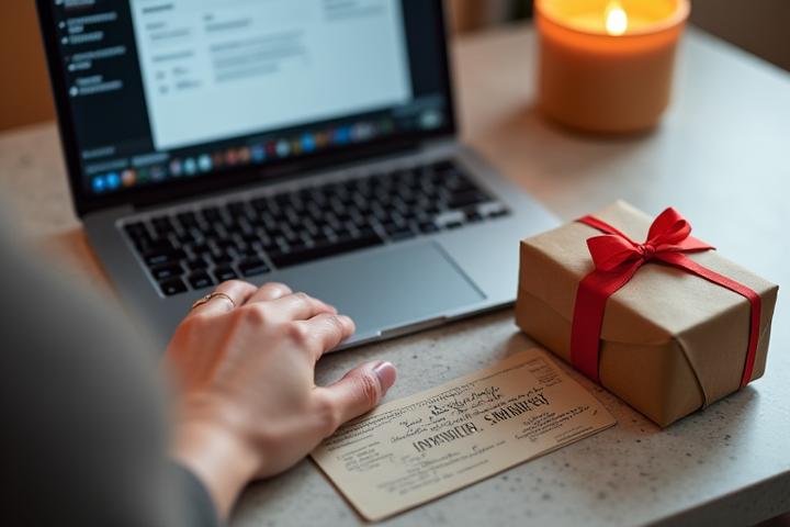 Close-up of hands typing on a laptop with a secure payment screen open, next to a beautifully wrapped gift hamper and a handwritten card.