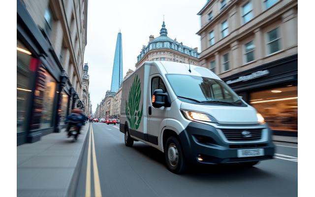 Eco-friendly delivery van with leaf logo, parked in a bustling city environment