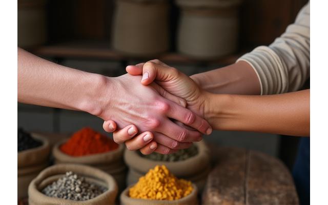 Hands shaking over a table of ethically sourced spices, depicting fair trade
