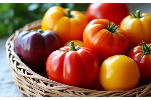 Assortment of colourful heirloom tomatoes in various shapes and sizes