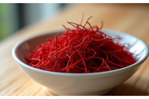 Crimson threads of rare, Spanish saffron in a small porcelain bowl