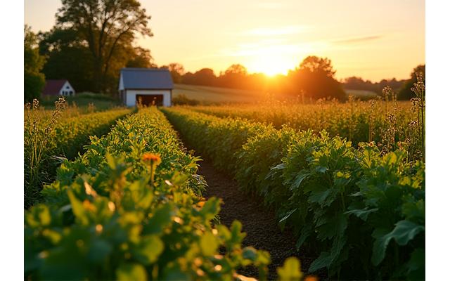 Small-scale organic farm with healthy crops and diverse biodiversity