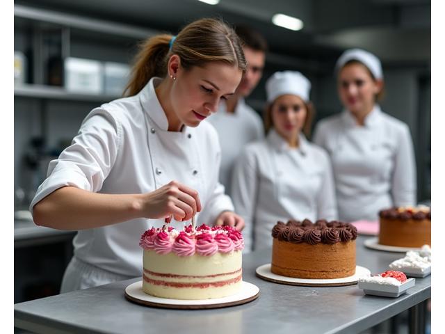 An instructor demonstrating fine piping techniques on a decorated cake to an attentive group of advanced students.