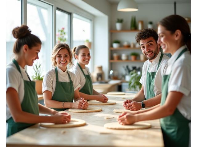 A group of smiling participants in a bright kitchen learning to knead dough, with an instructor guiding them.