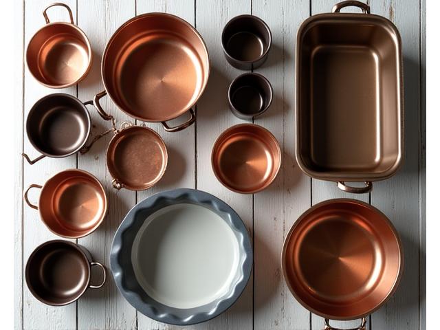 An array of high-quality ceramic baking dishes and metallic loaf pans neatly arranged.