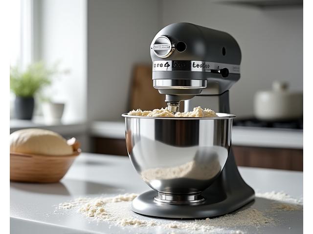 A gleaming stand mixer kneading dough in a modern kitchen setting.