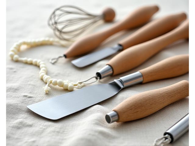 Various ergonomic baking tools including spatulas, whisks, and measuring cups laid out on a wooden surface.