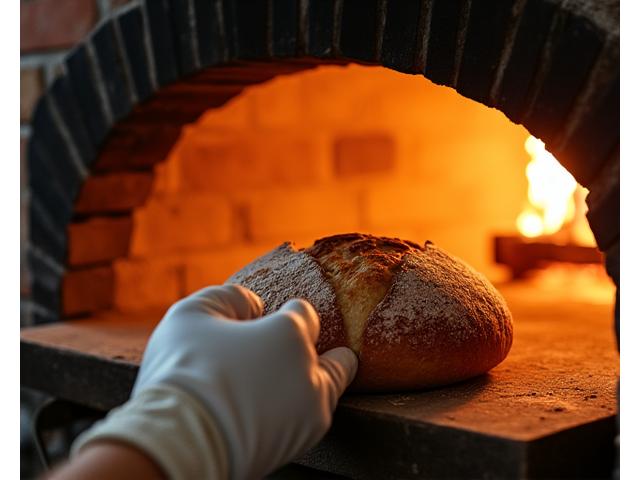 A warm, rustic artisan oven baking fresh sourdough loaves against a softly lit kitchen backdrop, embodying home baking success.