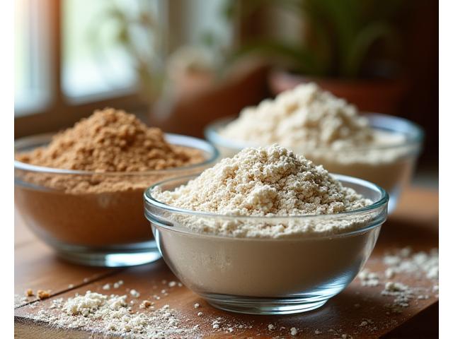 Close-up of various types of artisanal flour in rustic bowls, including whole wheat and rye, illuminated by natural light.