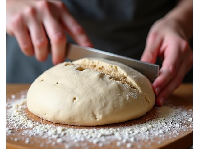 Hands gently scoring a risen sourdough loaf before baking, demonstrating a precise technique.