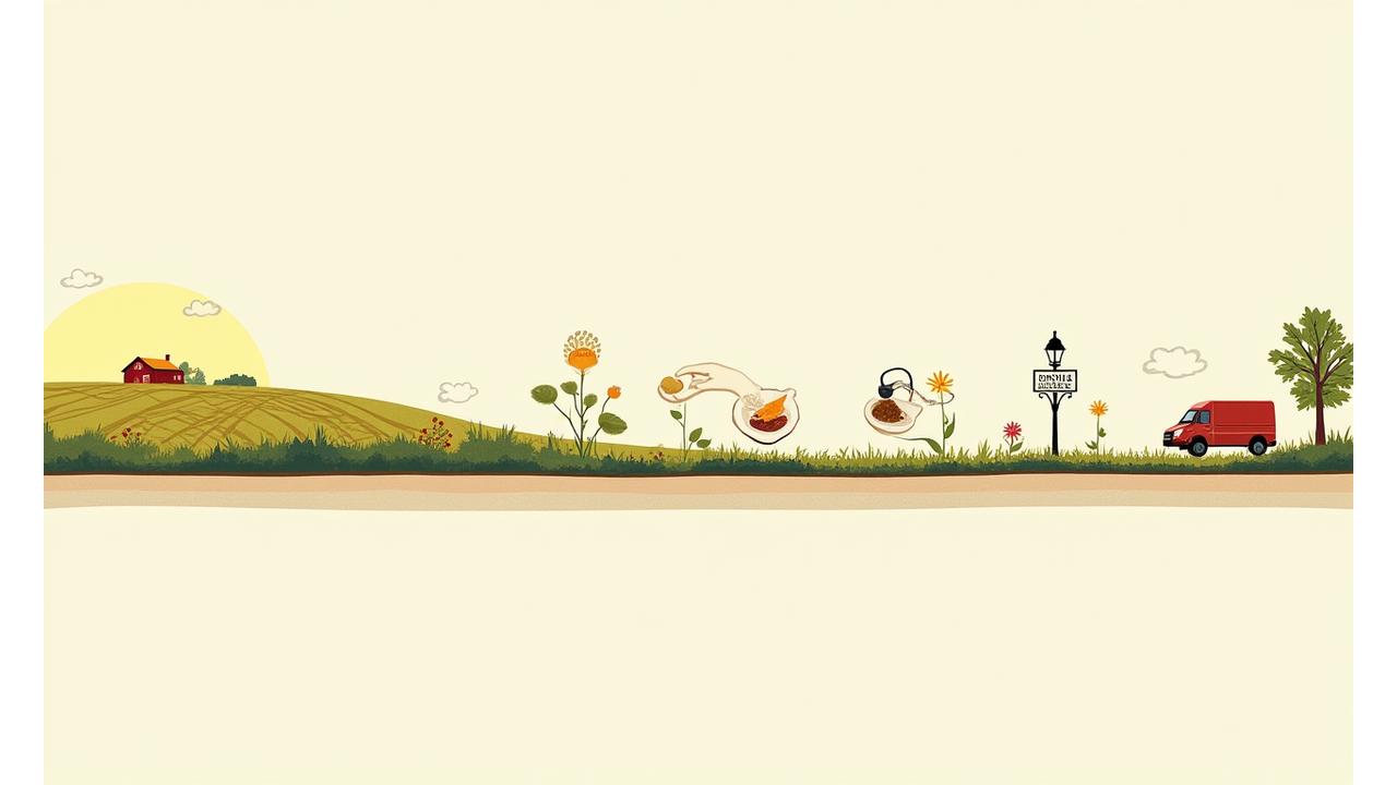 Illustrative diagram showing the journey of ingredients from farm to Loom & Leaf kitchen to customer's table
