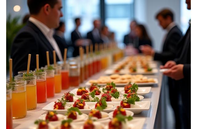 Stylish corporate event with modern food stations and networking