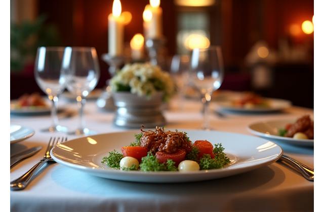 Gourmet private dining table setting with exquisite dishes