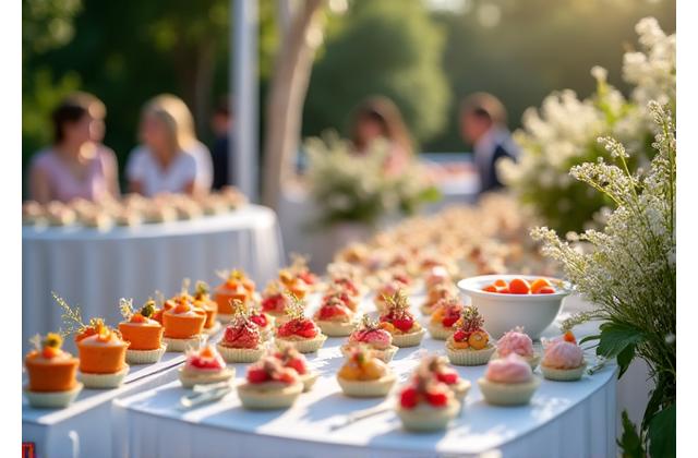 Elegantly presented wedding buffet with floral decorations