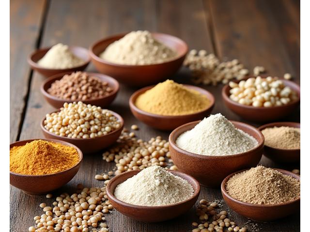 Variety of heritage grain seeds and flours in rustic bowls