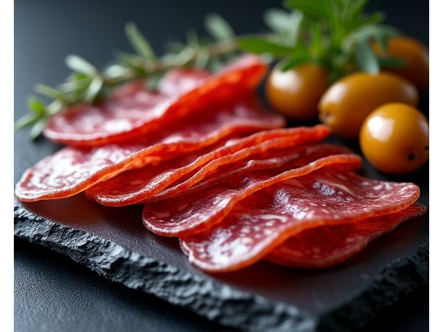 Assortment of premium cured meats on a rustic wooden board