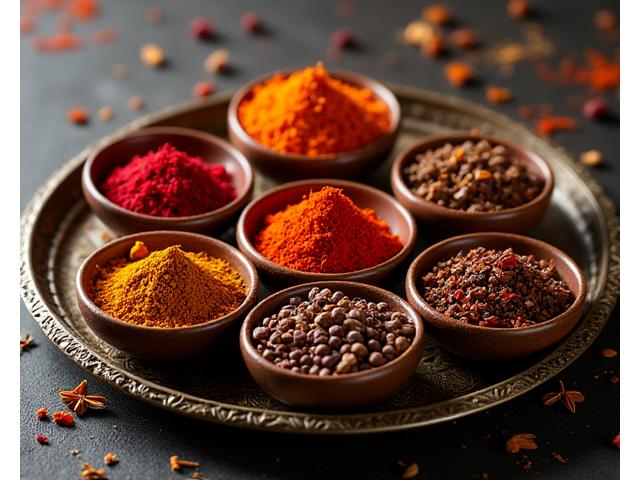 Selection of exotic whole spices in small wooden bowls