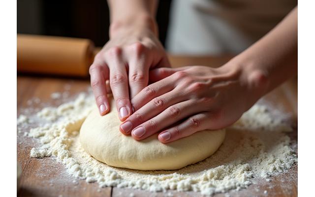 Hands kneading dough on a flour-dusted wooden surface
