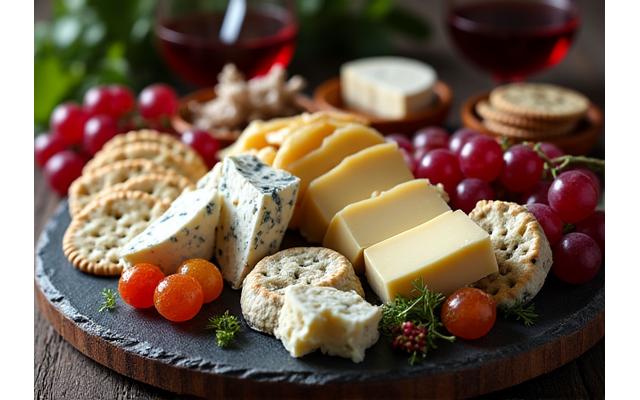 Variety of cheese, grapes, and crackers on a rustic wooden board