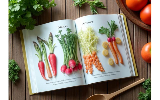 Open cookbook featuring seasonal ingredients and fresh herbs