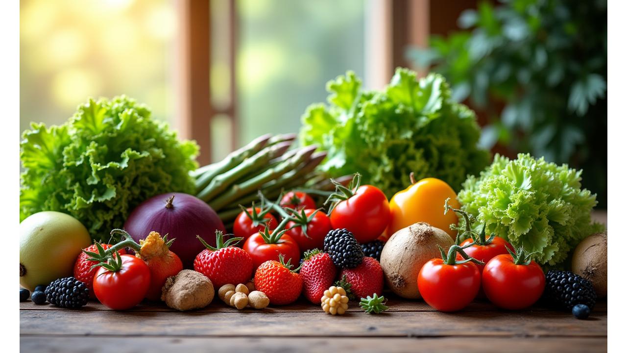 Vibrant assortment of fresh, seasonal fruits and vegetables
