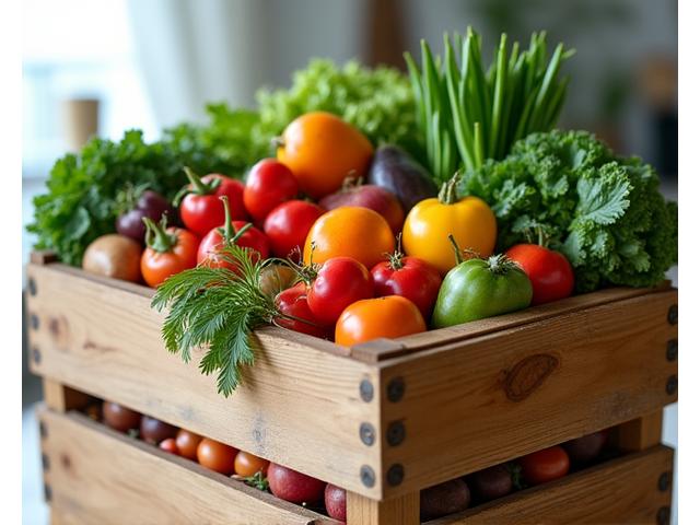A rustic wooden crate filled with a variety of fresh, colorful seasonal vegetables and fruits, ready for delivery.