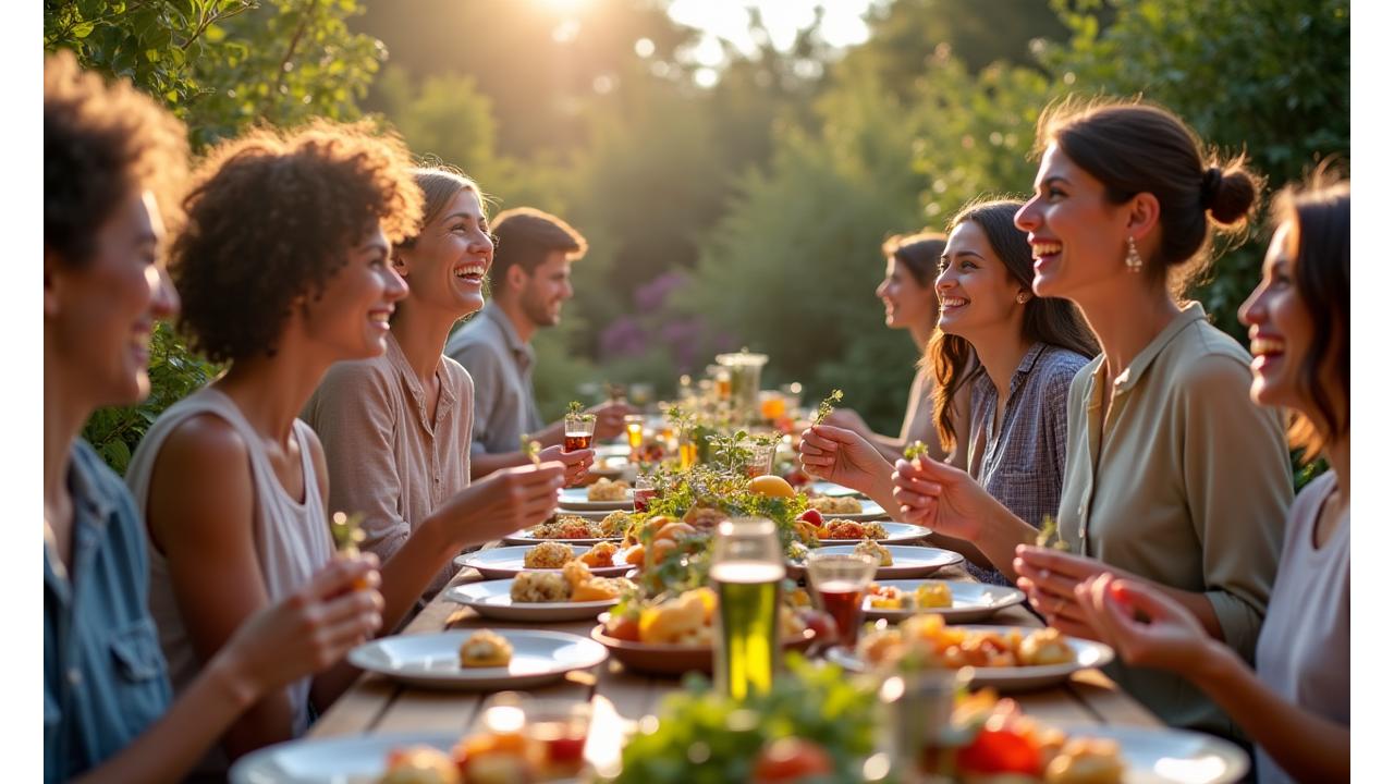Diverse group of people enjoying a plant-based meal outdoors at a community event