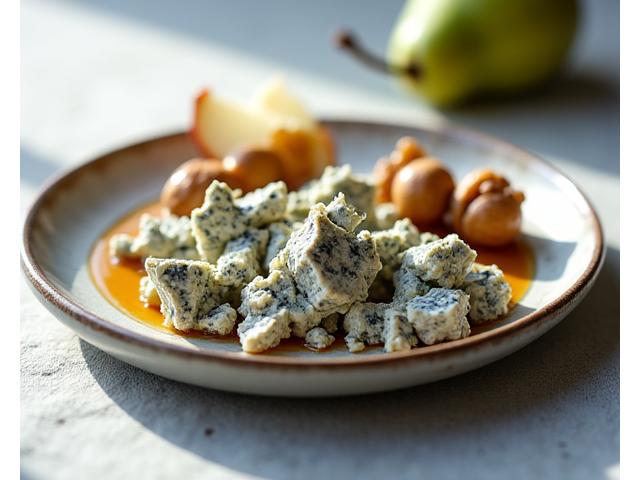 Crumbled plant-based blue cheese with walnuts and honey