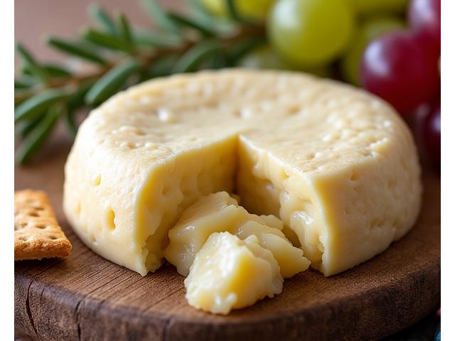 Creamy cashew brie on a wooden board with grapes