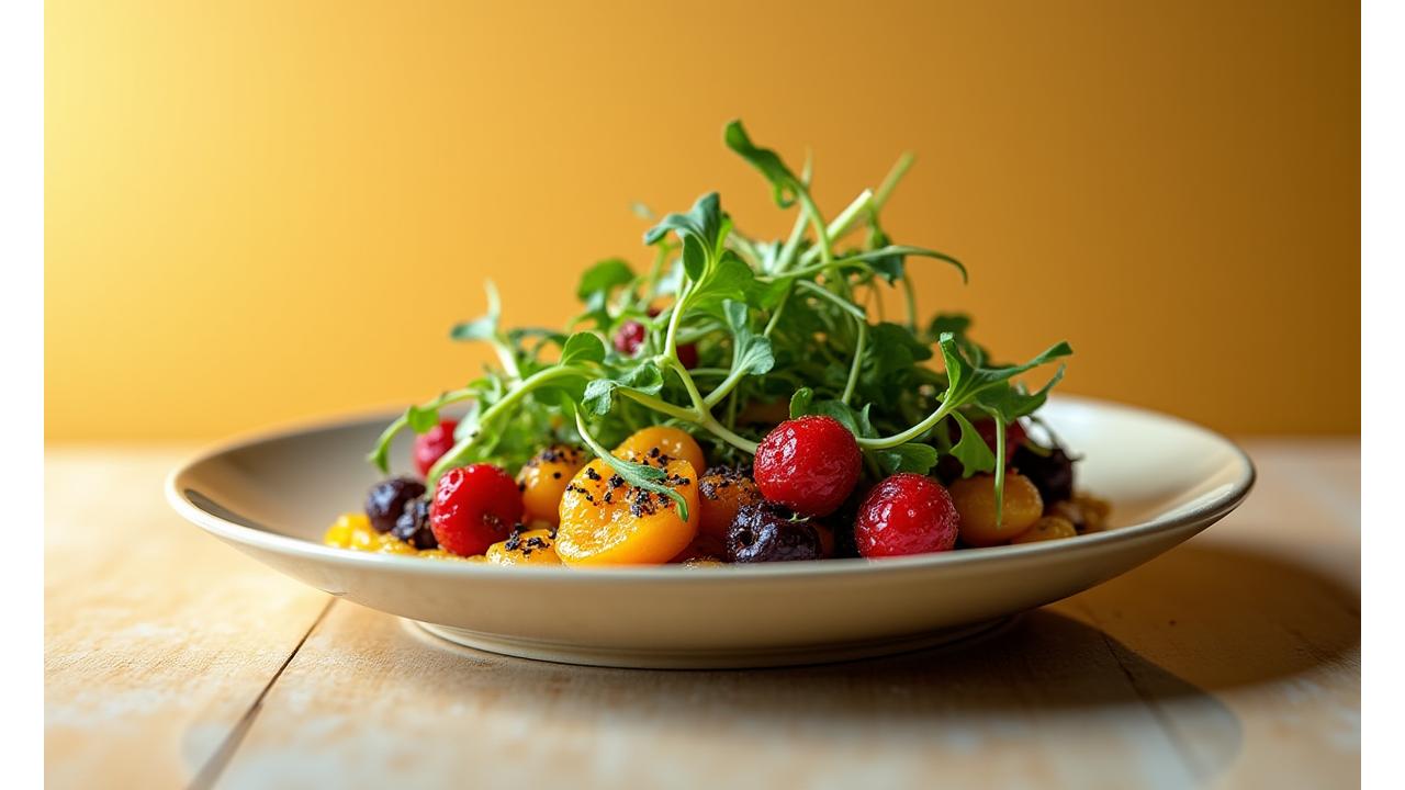 Artfully arranged gourmet plant-based dishes and ingredients, vibrant and fresh